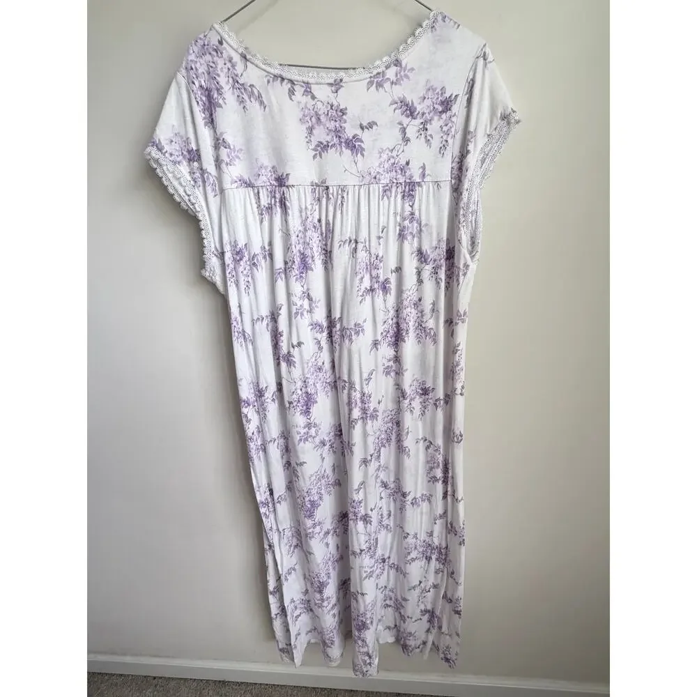 Eileen West Wisteria Cap Sleeve V-Neck Nightgown White Purple Women's Large
